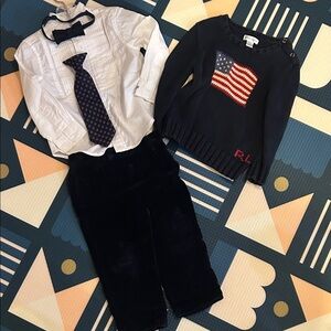 Ralph Lauren White Button-Down Shirt with Navy Tie pants and sweater